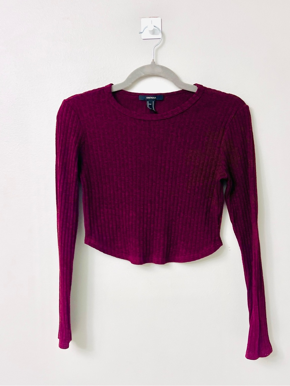 Ribbed Long Sleeve Crop Top - Burgundy